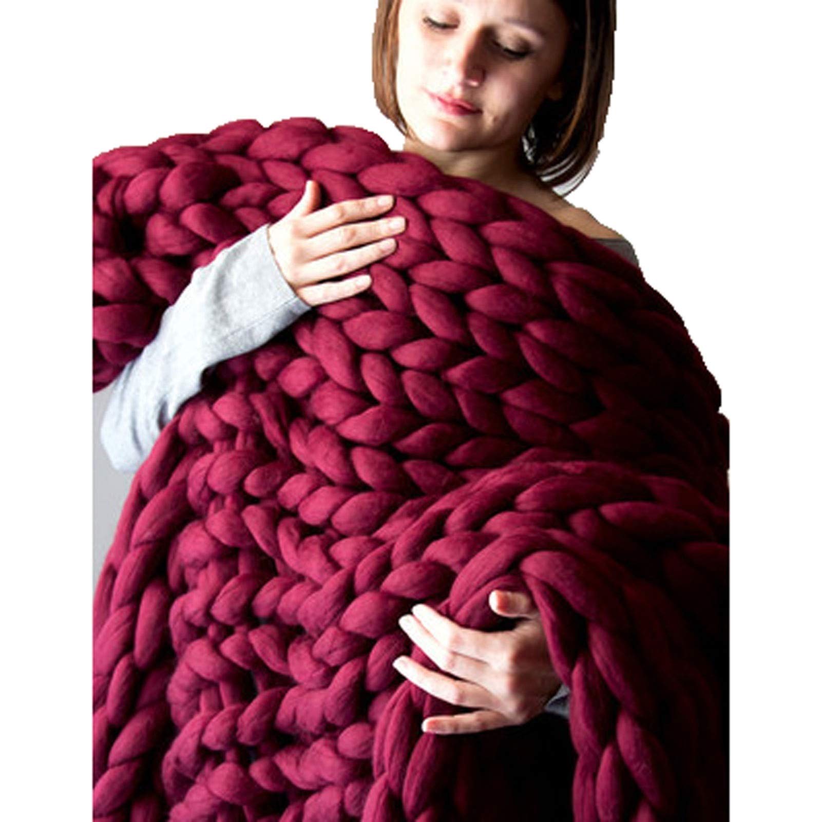 Chunky Knit Blanket - Soft Multicolor Grey Knitted Throw Blanket for Bed, Sofa, or Couch Decor - Cozy Large 180x200cm (71x79inch) Wine Red Blanket for Living Room, Bedroom, and Home Styling