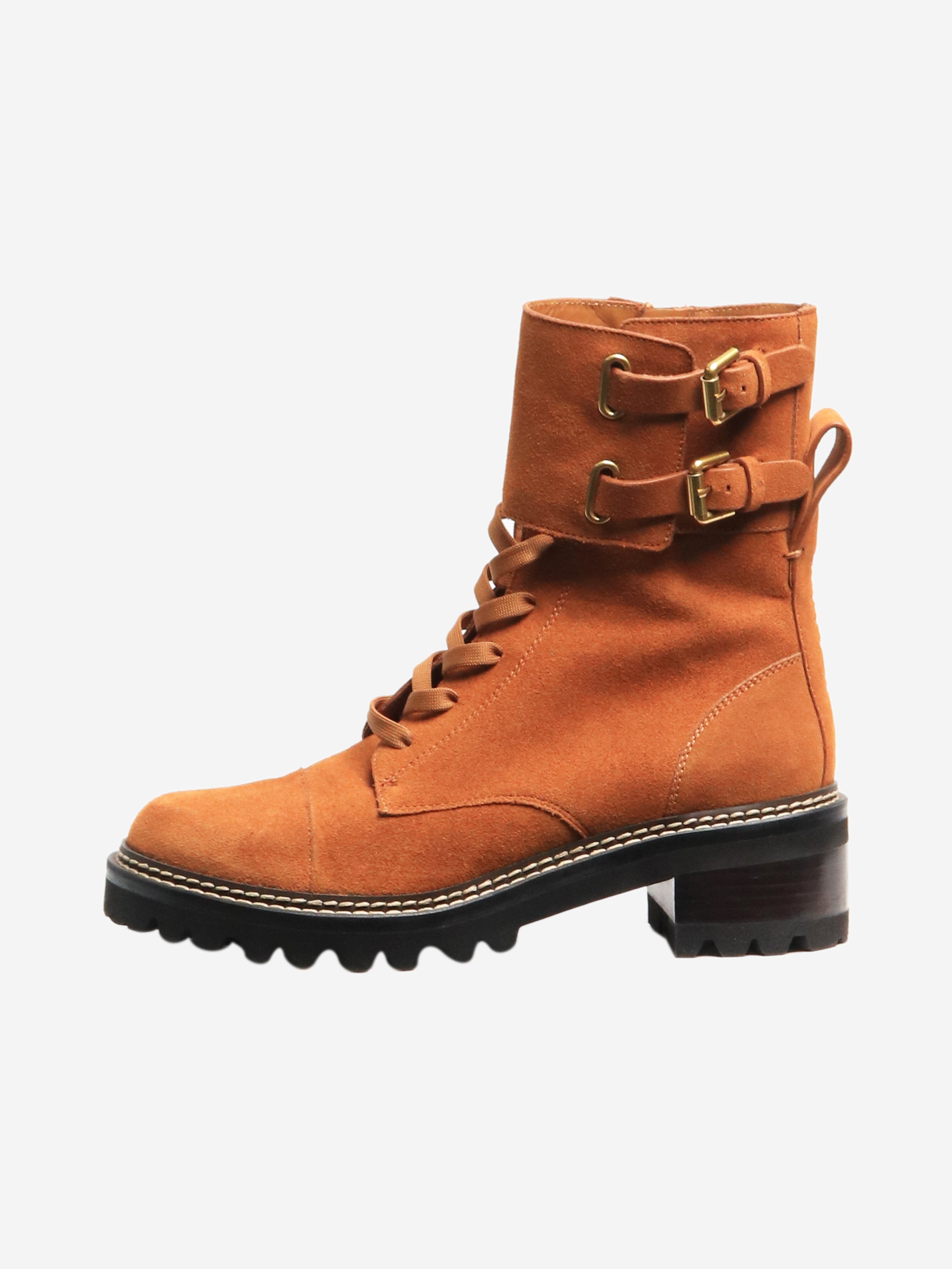 Stylish Brown Suede Combat Boots Women's Size EU 38.5 (UK 5.5) - Trendy Ankle Boots for Fall Fashion, Casual Outfits & Streetwear Looks