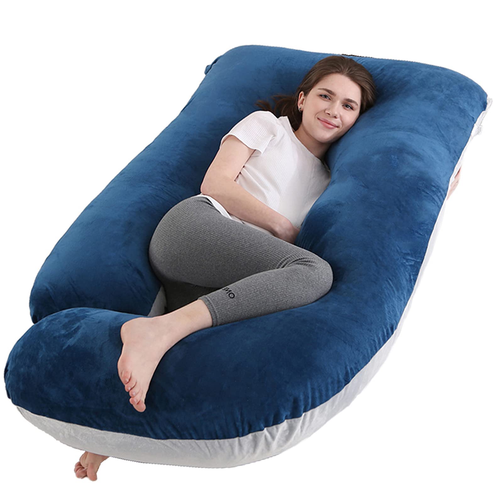 U-Shaped Full Body Pregnancy Pillow with Velvet Cover - Maternity Support Pillow for Pregnant Women (57 Inch, Blue & Grey) - Ideal for Side Sleeping, Back Pain Relief & Comfort During Pregnancy