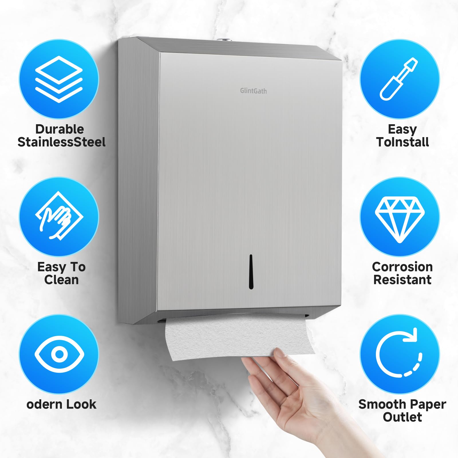 GlintGath Commercial Touchless Trifold Paper Towel Dispenser - 304 Stainless Steel Wall Mount Paper Towel Holder for Bathroom & Restroom - Brushed Finish for Office, Kitchen & Public Spaces