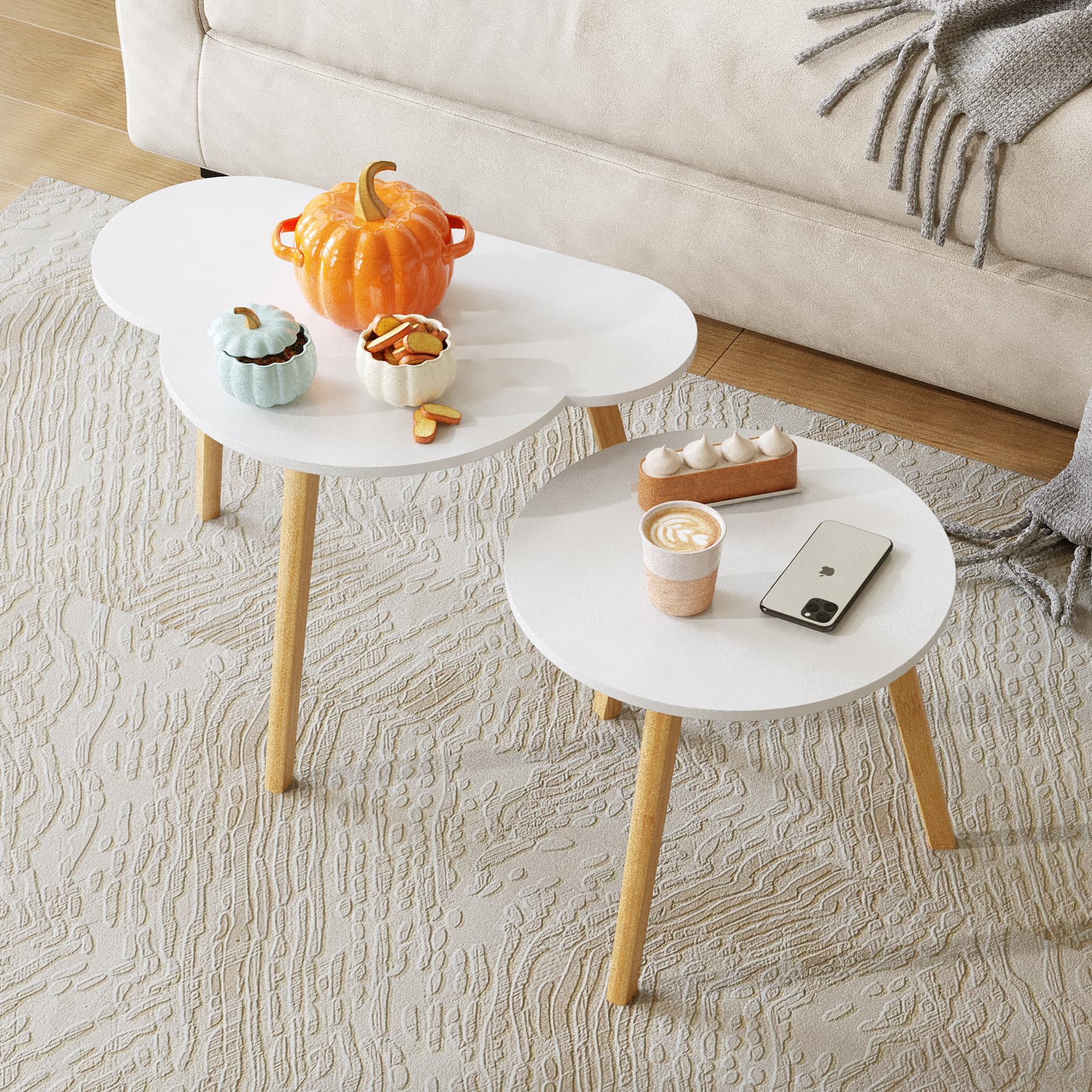BAMEOS 2-Piece Bamboo Nesting Triangle End Tables - Modern Minimalist Coffee & Side Tables for Living Room, Balcony, Bedroom - Cloud White Finish | Perfect for Small Spaces, Home Decor, and Apartment Furniture