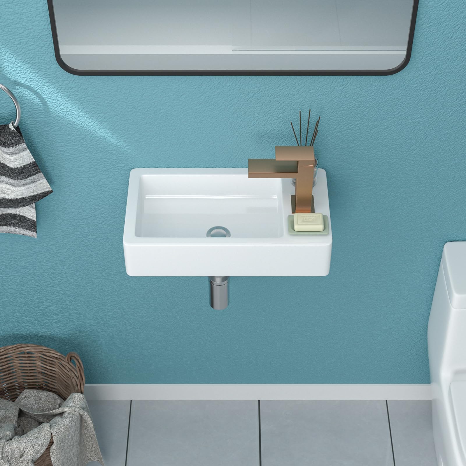 Funmier 18x10 Inch White Ceramic Wall Mount Floating Vessel Sink - Rectangle Bathroom Corner Sink with Right-Hand Drain - Perfect for Small Bathrooms, Powder Rooms & Modern Vanity Installations
