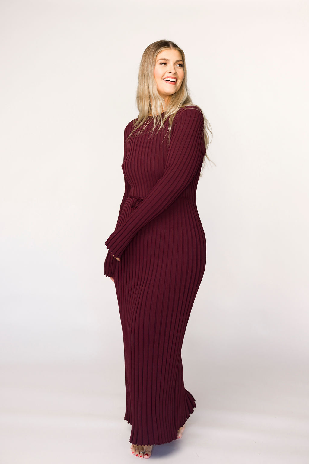 Colette Premium Long Sleeved Ribbed Knit Maxi Dress in Burgundy - Bump Friendly Maternity Dress for Pregnancy, Nursing & Postpartum - Perfect for Casual Wear, Office & Special Occasions
