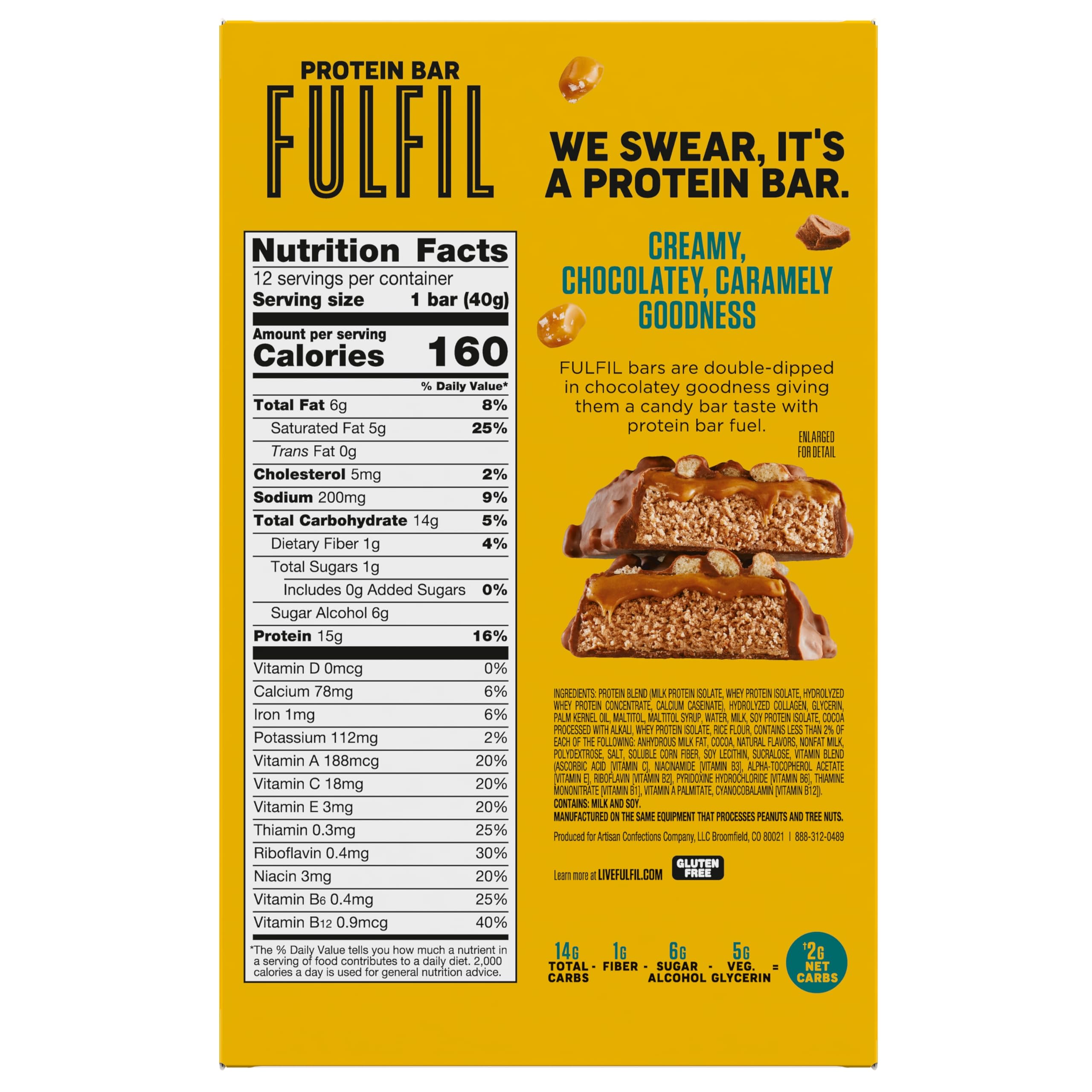 FULFIL High Protein Snack Bars - Chocolate Salted Caramel Flavor, 15g Protein per Bar, 12 Count Pack | Healthy On-the-Go Snacks for Workouts, Hiking & Weight Management