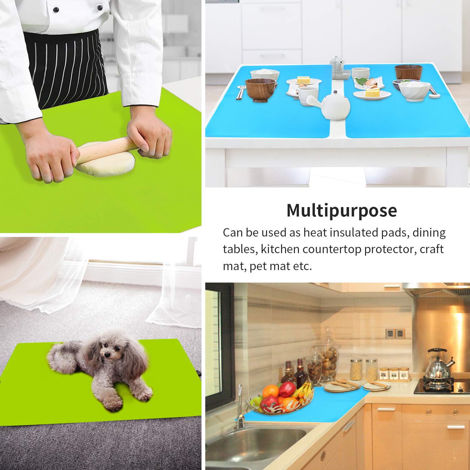 2 Pack Extra Large Silicone Mats for Crafts & Baking - Heat Resistant, Non-Slip Kitchen Countertop Protector & Dough Rolling Pad - Reusable, Dishwasher Safe (Blue & Green, 23.6