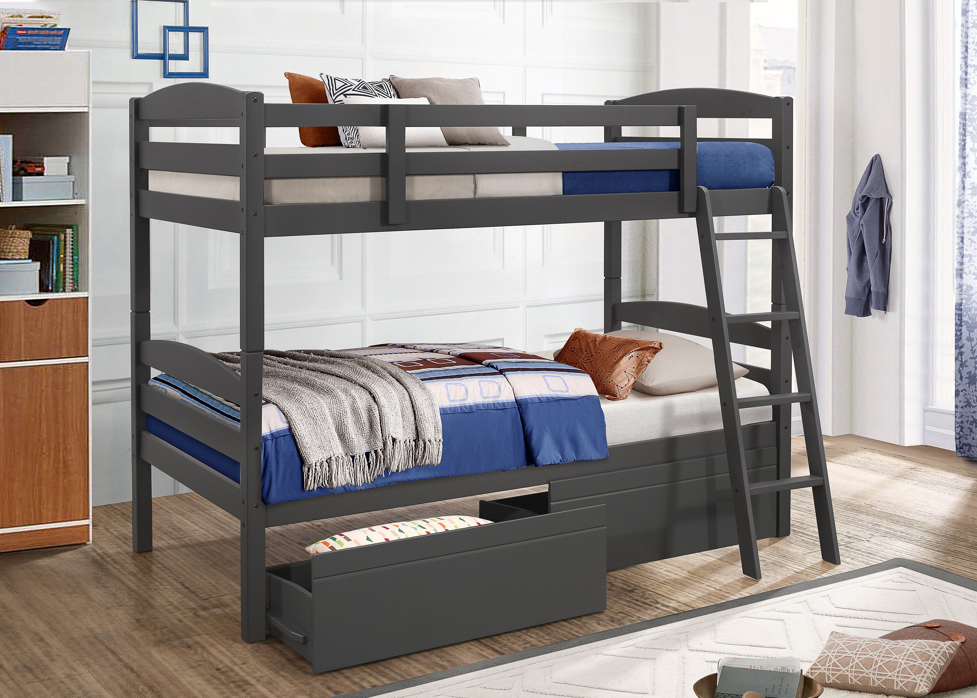 Charlie Bunk Bed with Storage Drawers - Space Saving Grey Twin/Full Size Bunk Bed for Kids & Teens - Perfect for Small Bedrooms, Dorms & Guest Rooms
