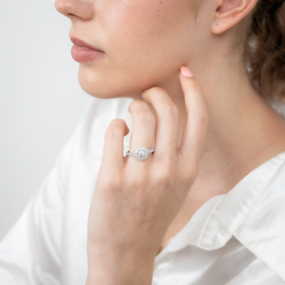 14K White Gold 1 Carat Brilliant Cut Diamond Solitaire Engagement Ring with Double Halo & Split Shank - Perfect for Proposals, Anniversaries & Special Occasions