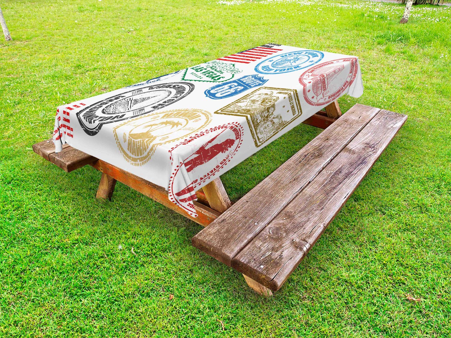 Ambesonne USA Patriotic Tablecloth - Vintage Grunge Stamp Design Featuring Las Vegas, New York, San Francisco & Hawaii - Waterproof Outdoor Picnic Table Cover 58x84 Inches - Perfect for 4th of July BBQs, Picnics & Patriotic Party Decor