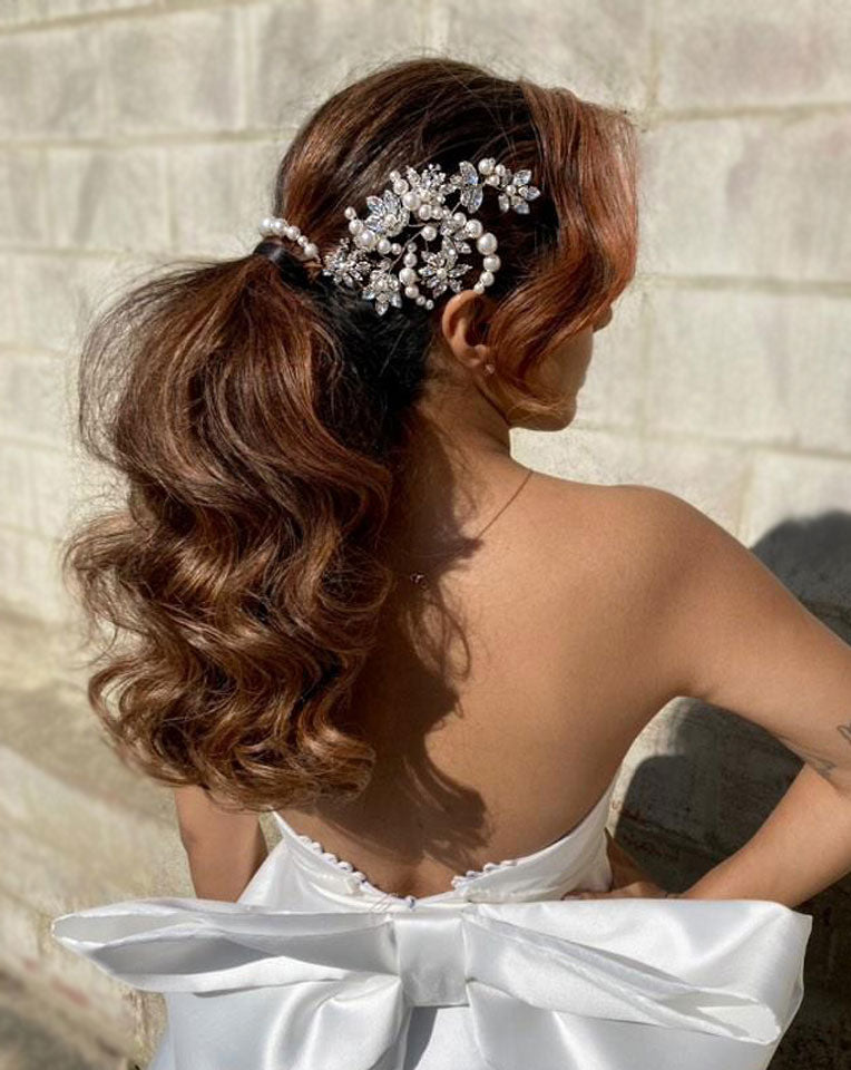 Elegant Bridal Headpiece with Crystal Navette Leaves & Flowers – Statement Pony Vine Hair Accessory by Kezani | Perfect for Weddings, Bridal Showers & Special Occasions