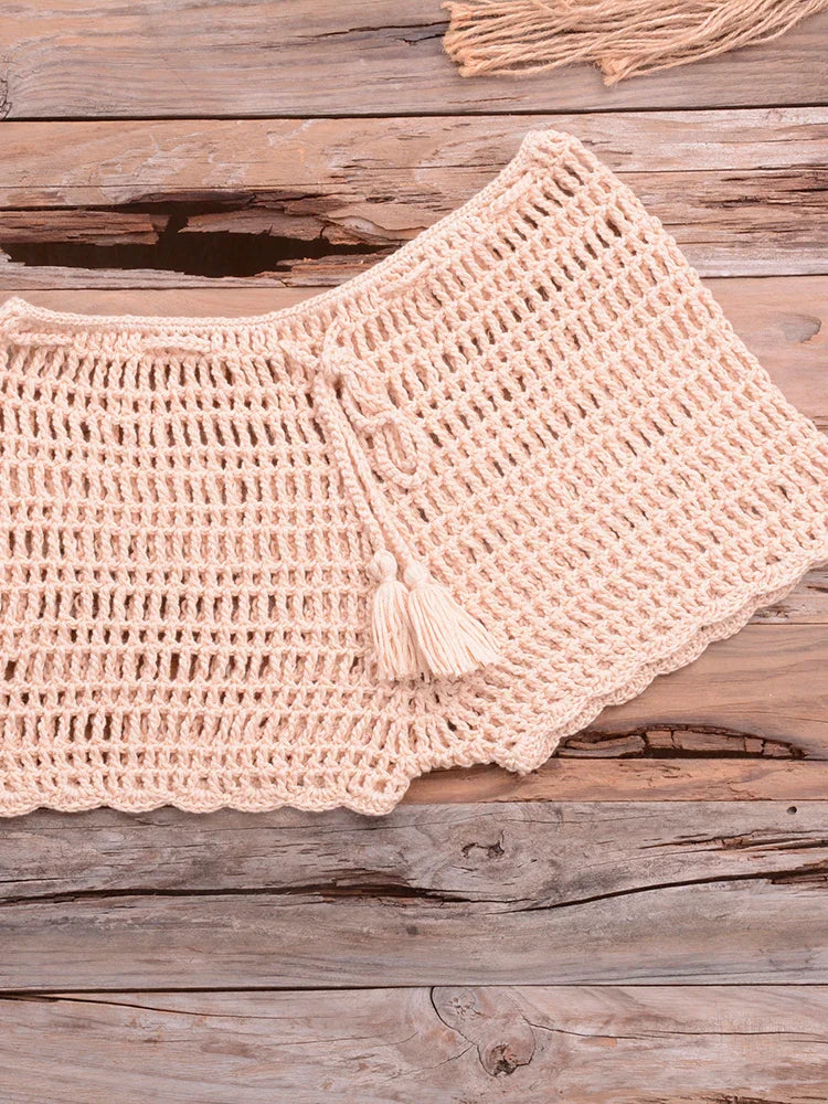Crochet Hollow Out Tassel Beach Cover Up - Sexy Women's Mini Top Bikini Swimwear Bathing Suit Cover Up for Summer Vacation, Pool Party & Beach Day