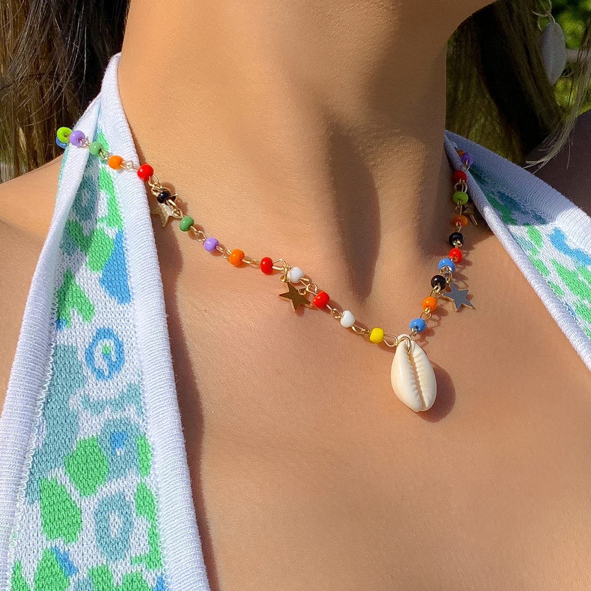 ZMANYIJEW Women's Summer Shell Necklace - Colorful Rice Beads, Star Tassel Pendant, Hawaiian Style Natural Shell Jewelry for Beach Vacation, Boho Fashion & Tropical Party Accessories