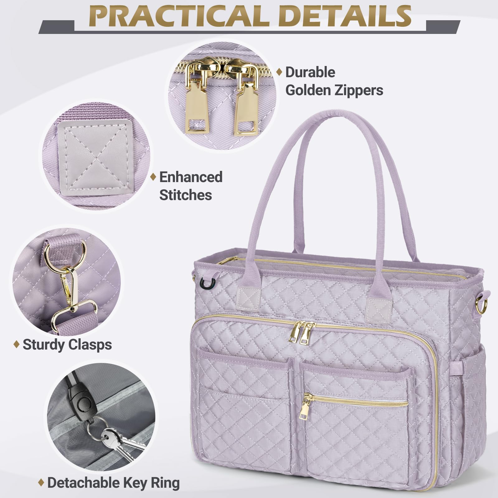 RAINSMORE Professional Teacher Tote Bag for Women - 15.6 Inch Laptop Work Bag with Insulated Pocket, Durable Nurse & Computer Messenger Bag - Perfect for Office, College, School & Travel - Stylish Gray Lilac Briefcase