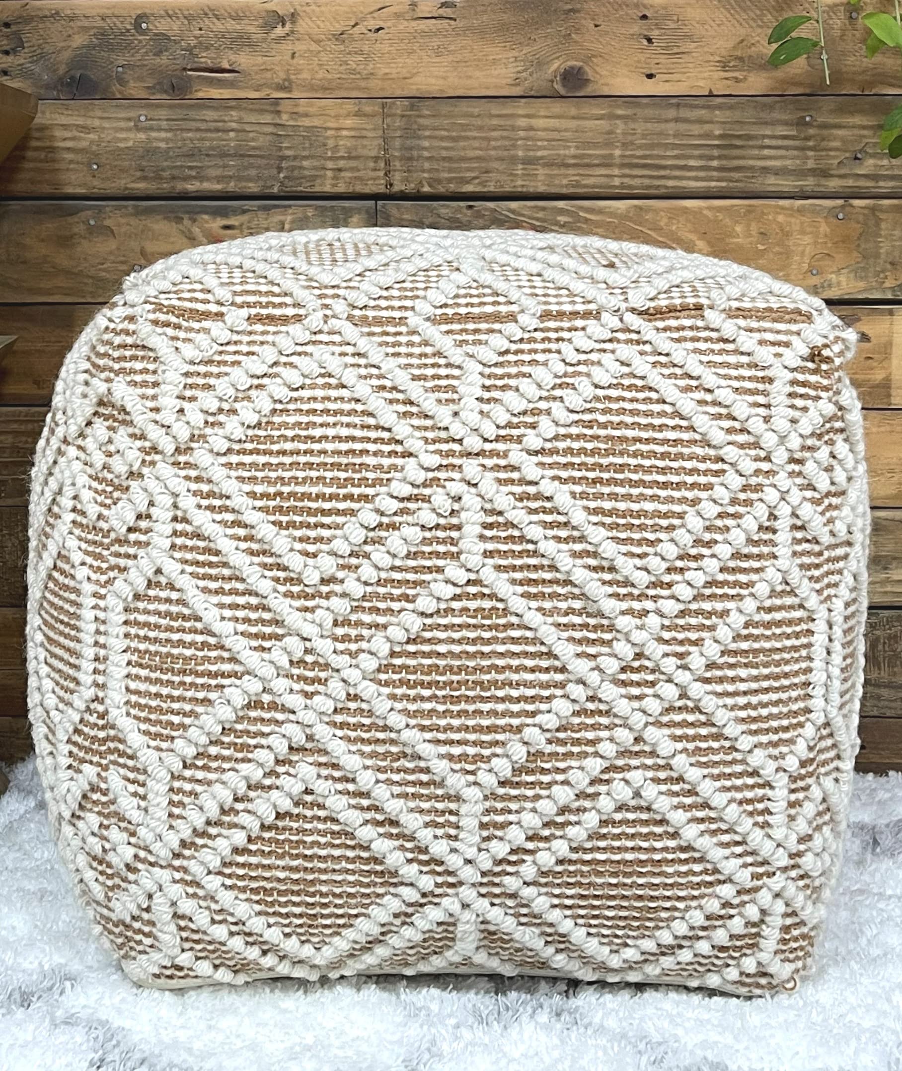 Handmade ADDO Wool & Cotton Natural Fiber Pouf Ottoman - Easy Maintenance Footstool for Living Room, Bedroom, Family Room - Tan - Perfect for Relaxing, Reading & Home Decor