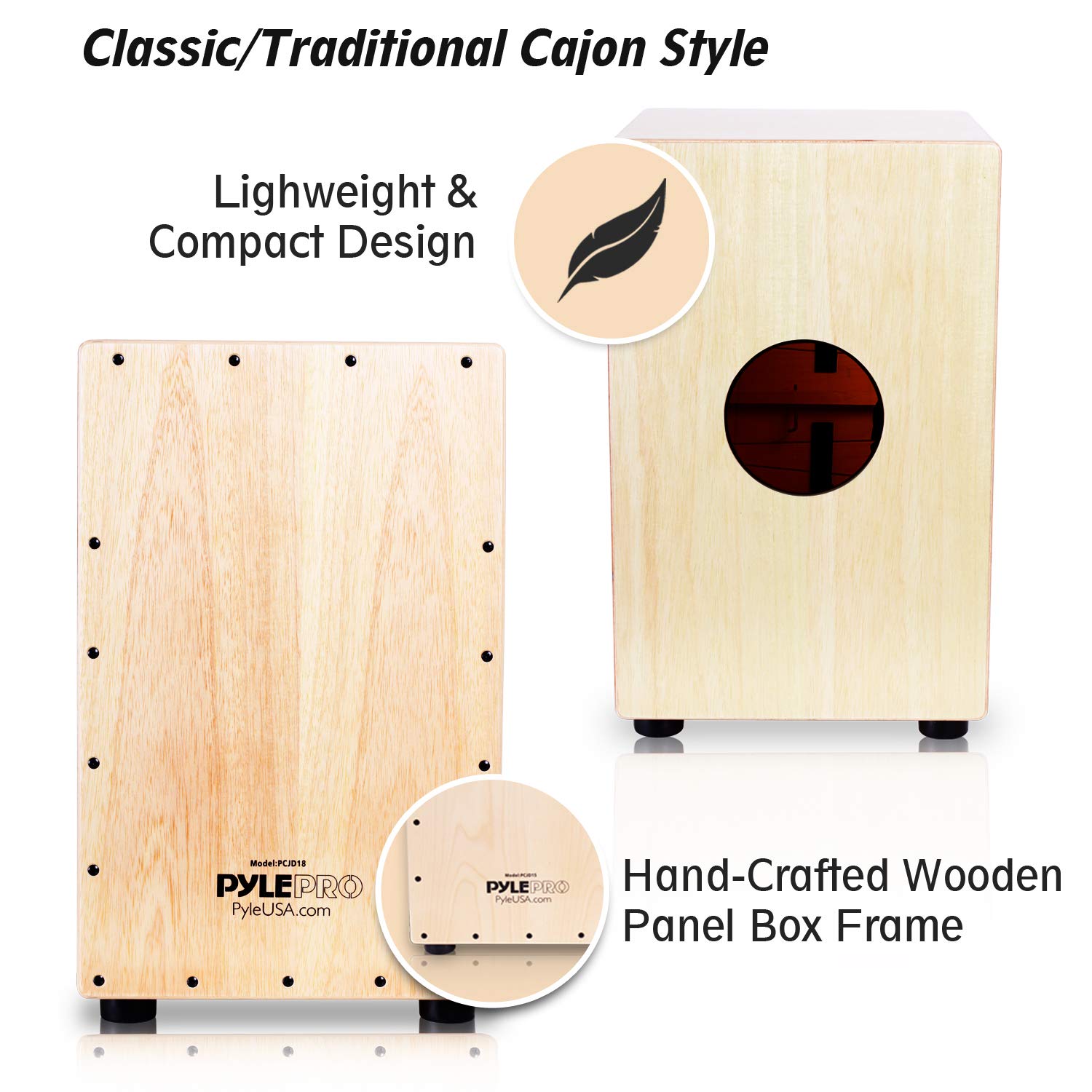 Pyle Jam Wooden Cajon Drum - Handcrafted Compact & Lightweight Percussion Box with Internal Guitar Strings & Rubber Feet - Perfect for Live Performances, Studio Recording & Music Education (PCJD18)