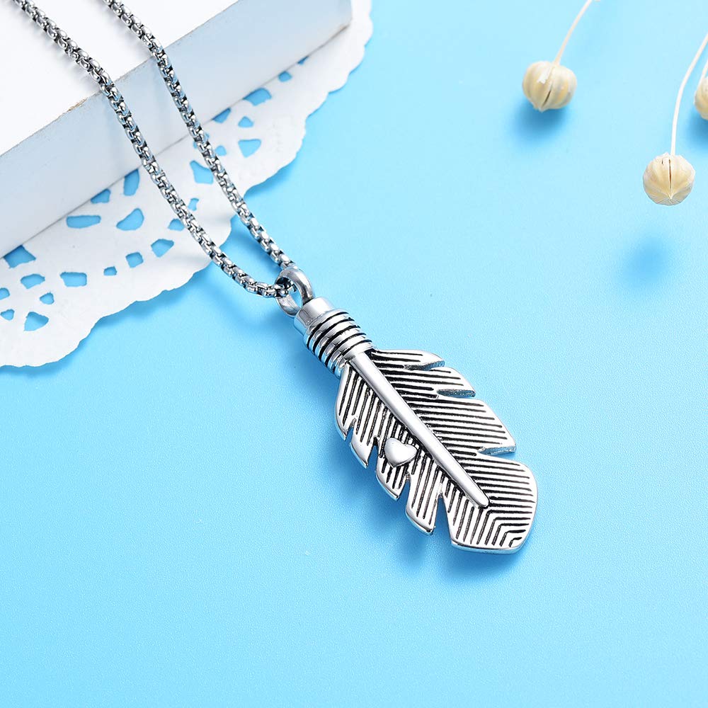 Oinsi Stainless Steel Feather Urn Necklace - Cremation Ashes Memorial Jewelry Keepsake for Loved Ones with Gift Box & Fill Kit (Heart Feather, Silver Tone) - Perfect for Remembrance, Funeral Services & Everyday Wear