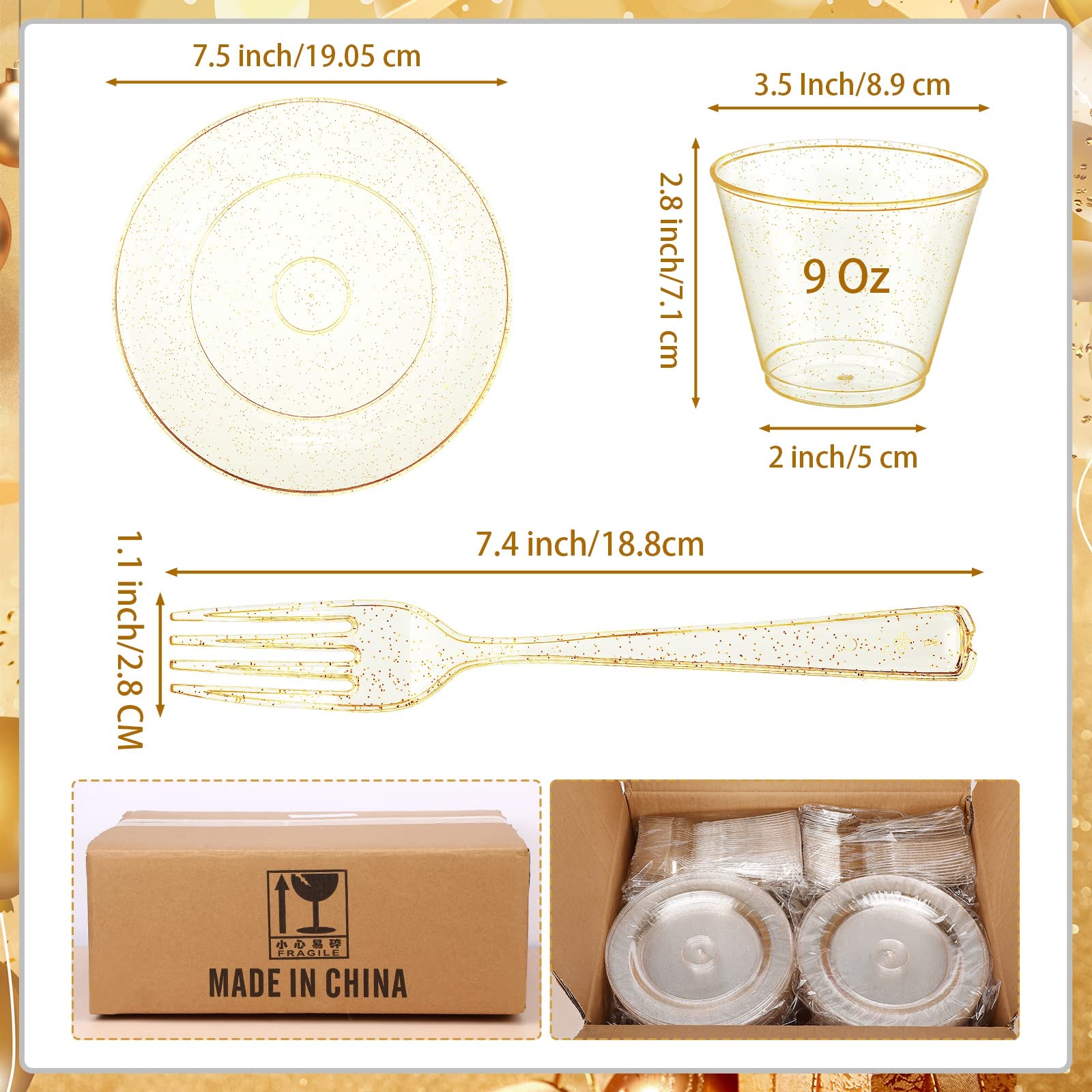 300-Piece Gold Glitter Plastic Disposable Dinnerware Set - 100 Plates (7.5