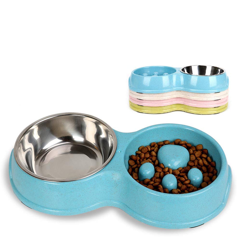Rantow Double Non-Slip Slow Feeder Dog Bowls - Stainless Steel Anti-Choking Pet Food & Water Dishes for Small Medium Dogs & Cats (Blue) - Perfect for Mealtime & Travel Use