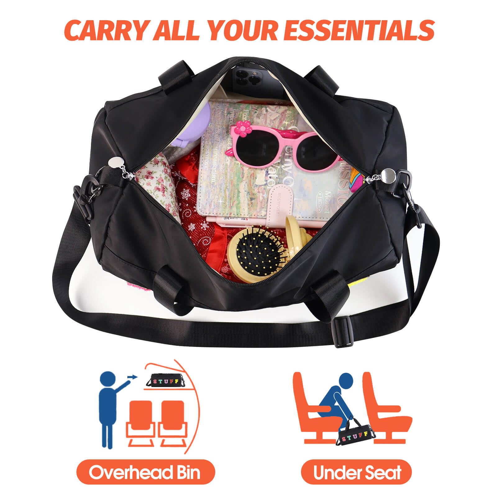 **Chenille Letter Stuff Tote Bag 16 Inch - Small Gym Duffle Bag for Travel, Dance, Sports, Workout & Camping | Carry-On Cheer Ballet Overnight Weekender Bag | Birthday Gifts for Girls, Kids, Teens & Women - Black | Perfect for Gym, School, Beach & Weekend Getaways**