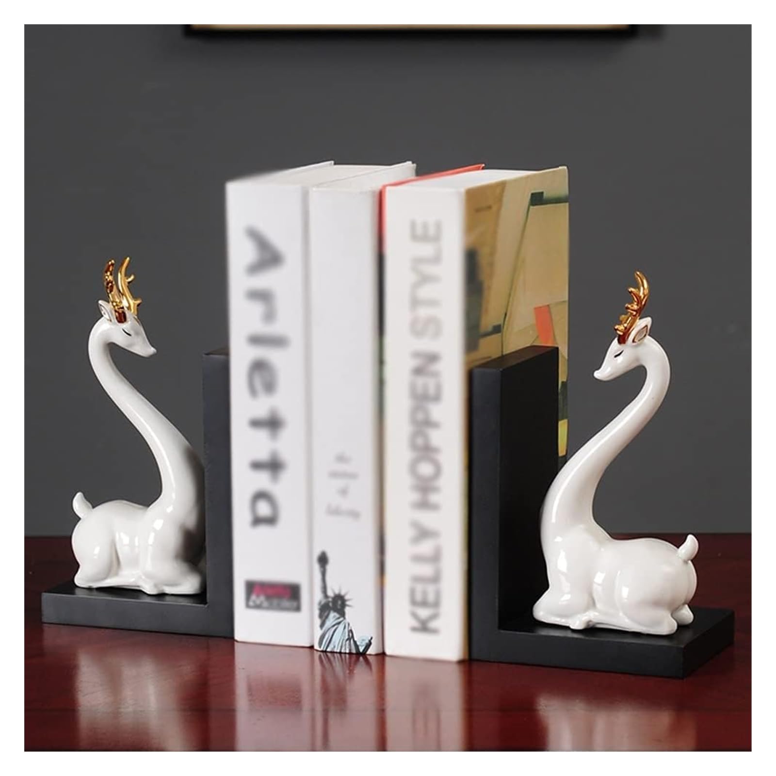 Chinese Ceramic Bookends - Heavy Duty Deer Head & Dragon Book Stoppers for Bookshelves | Office & Living Room Decoration | Perfect for Organizing Heavy Books in Home Library, Study or Workspace