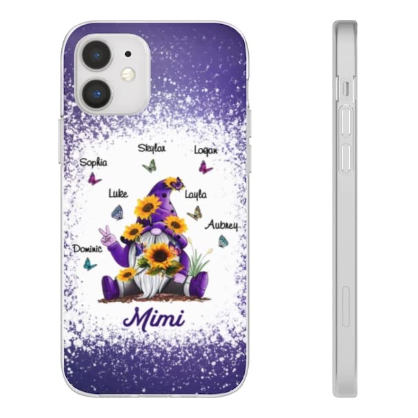 Personalized Polka Dot Phone Case with Sunflower Gnome & Butterflies Design - Perfect Gift for Mom & Grandma - Purple Gnome White Case for iPhone/Samsung - Great for Mother's Day, Family Photos & Daily Protection
