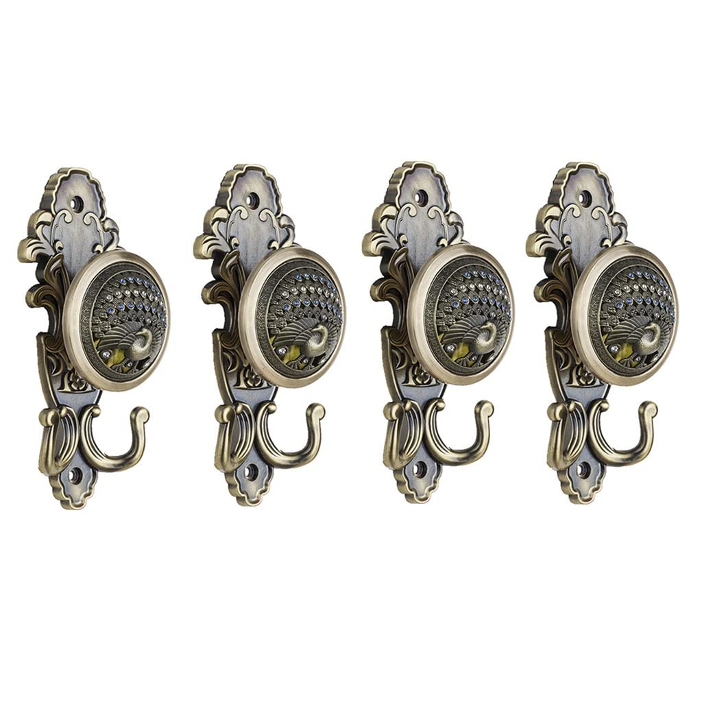 Elegant Peacock Rhinestone Curtain Holdbacks - Antique Bronze Metal Wall Mounted Tiebacks for Drapes (Set of 4) - Perfect for Living Room, Bedroom & Window Decor