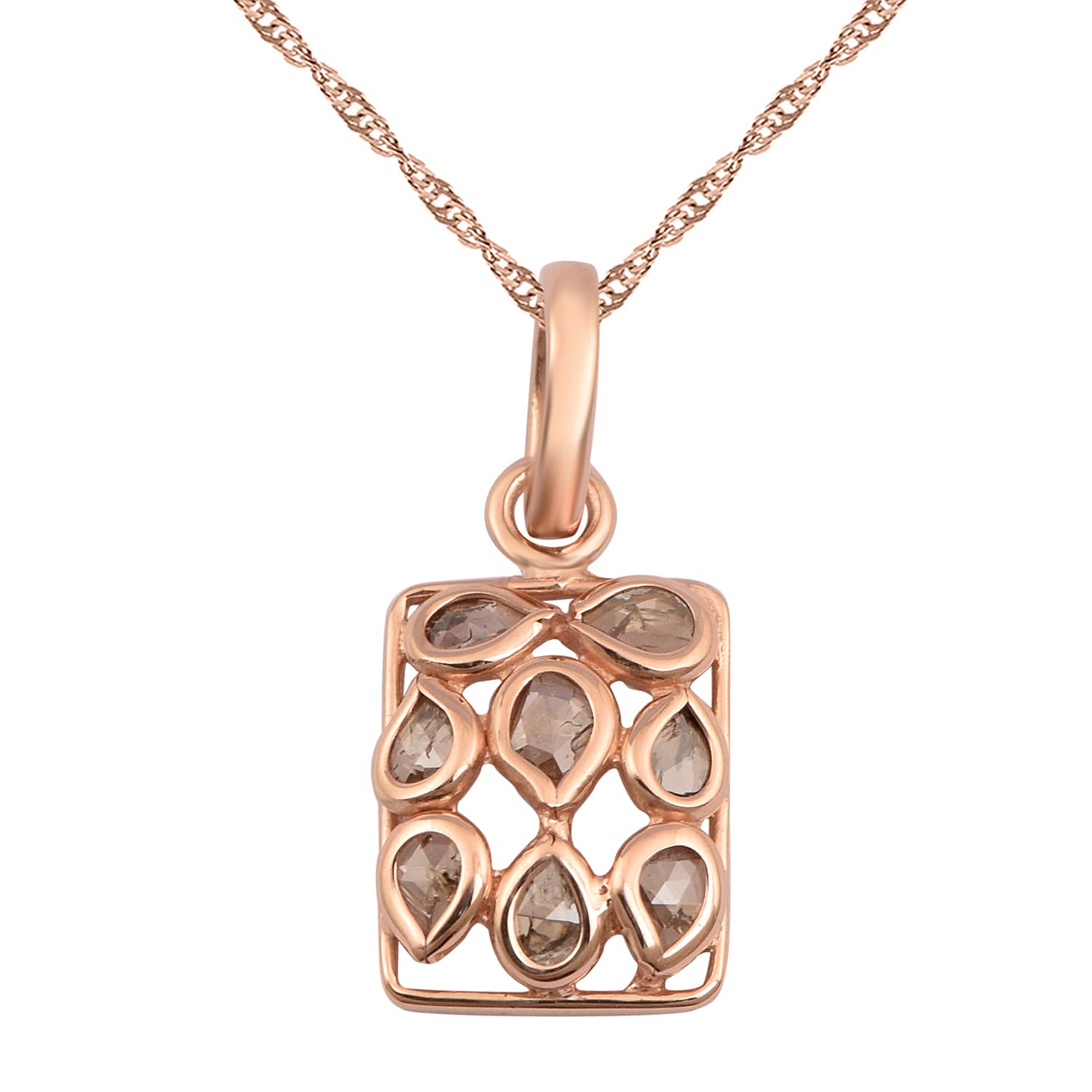 0.50 CTW Natural Rose Cut Champagne Diamond Geometric Rectangle Pendant Necklace - 925 Sterling Silver Rose Gold Plated Jewelry for Women - Perfect for Weddings, Anniversaries & Special Occasions