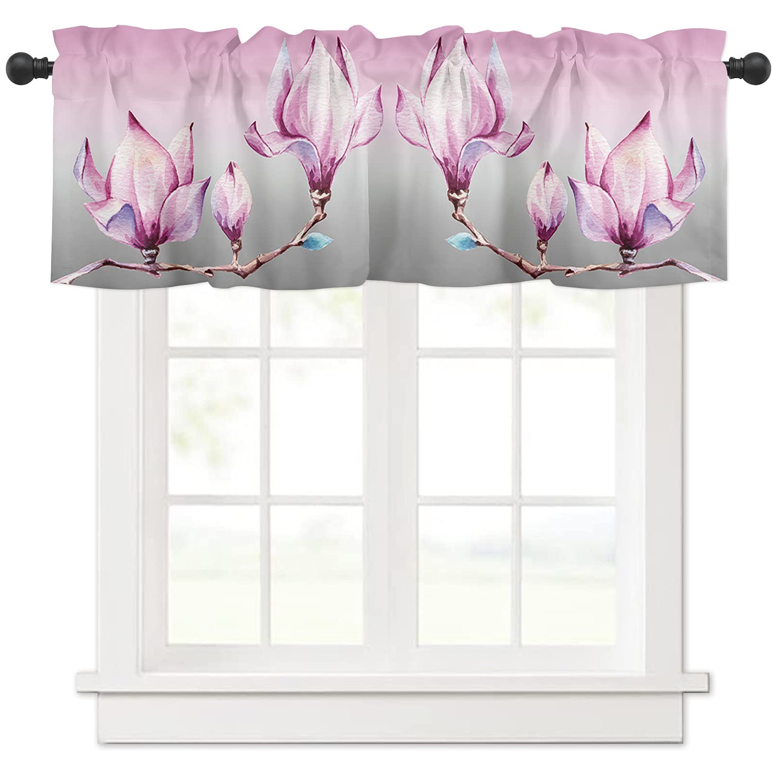 ALAGEO Pink and Grey Ombre Floral Window Valance - Rod Pocket Kitchen Curtain for Bathroom & Living Room (54x18 Inches) - Perfect for Farmhouse, Cottage & Modern Home Decor