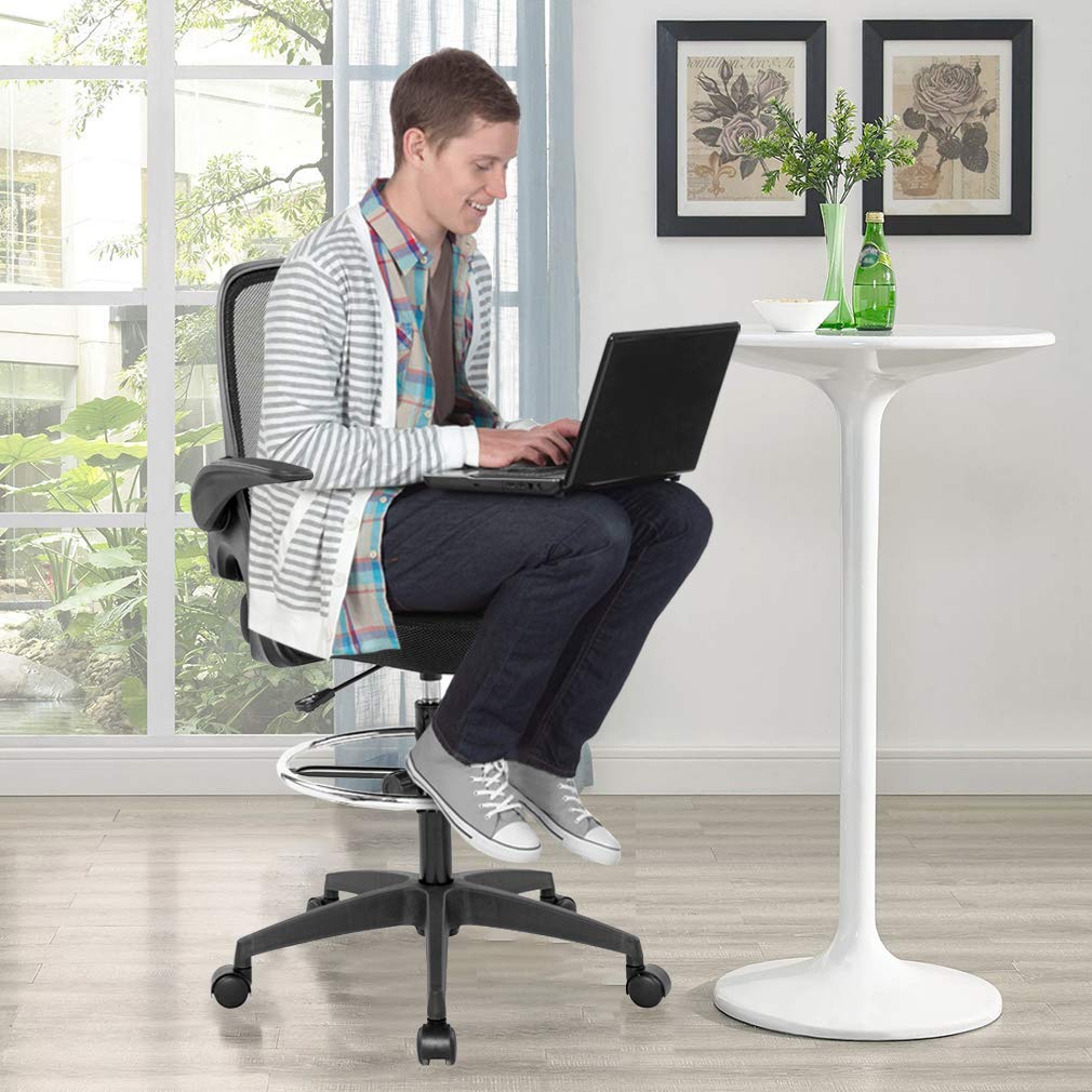 Ergonomic Mesh Drafting Chair with Adjustable Height, Lumbar Support & Flip-Up Arms - Swivel Rolling Office Chair for Tall Desks | Perfect for Home Office, Computer Work & Executive Workspaces - Black