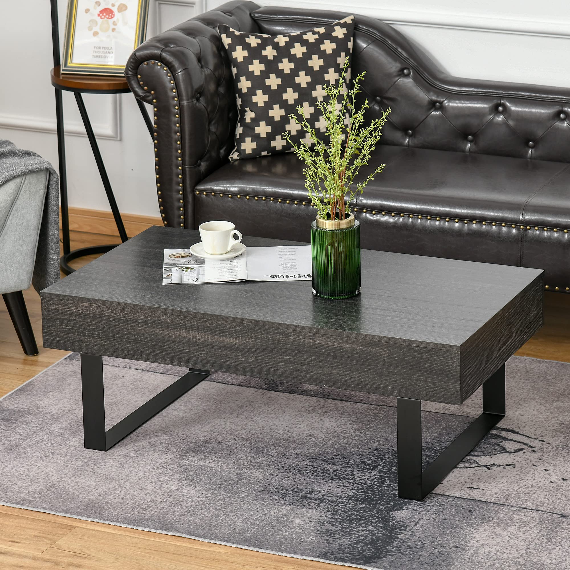 Mid-Century Modern Coffee Table with Storage Drawer - Metal Sled Legs & Wood Grain Surface - Dark Grey Living Room Furniture for Small Spaces, Apartments & Home Decor