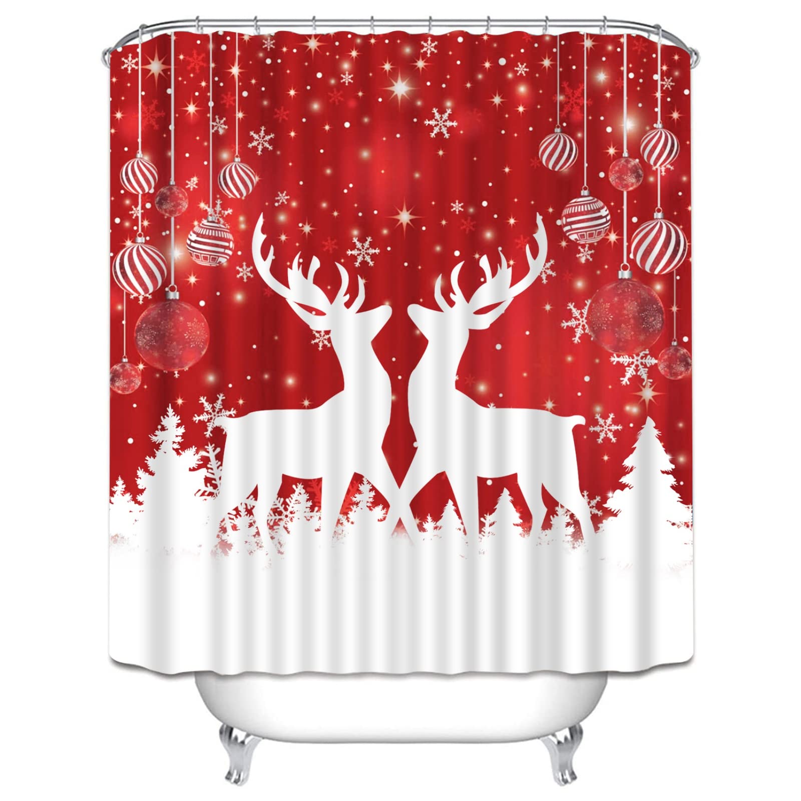 Ochine Christmas Shower Curtain Set - Festive Santa Claus Snowman Reindeer Holiday Bathroom Decor | Red & White Standard Size with 12 Hooks | Perfect for Winter Home Decor & Christmas Gift Giving