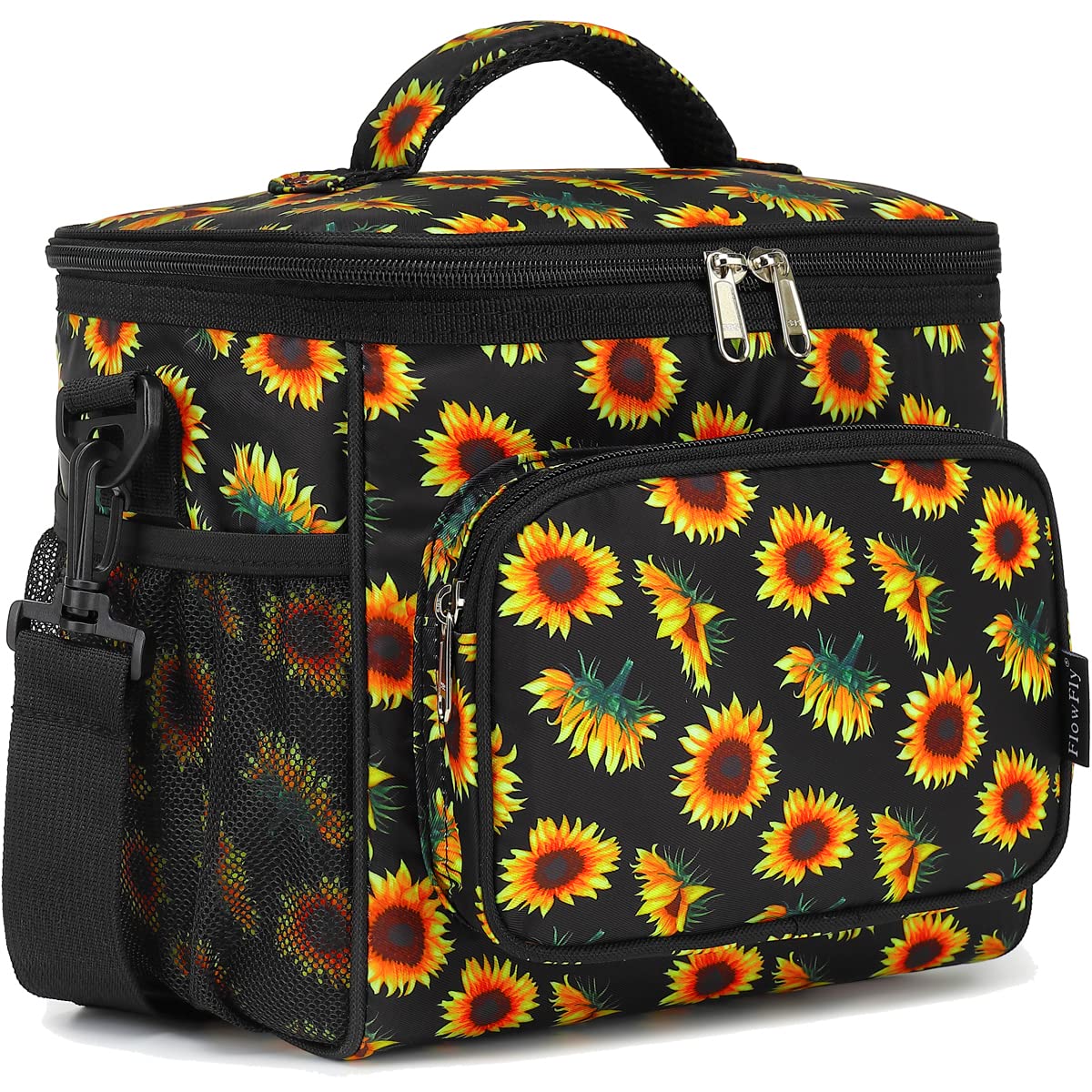 FlowFly Insulated Reusable Lunch Bag for Adults - Large Lunch Box with Adjustable Shoulder Strap, Front Zipper Pocket & Dual Mesh Side Pockets - Perfect for Work, School, Picnics & Outdoor Activities (Sunflower Pattern)