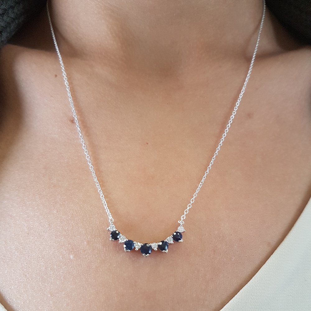 10K Solid White Gold Round Blue Sapphire & Diamond Women's Necklace - Elegant Silver Chain Jewelry for Weddings, Parties & Special Occasions