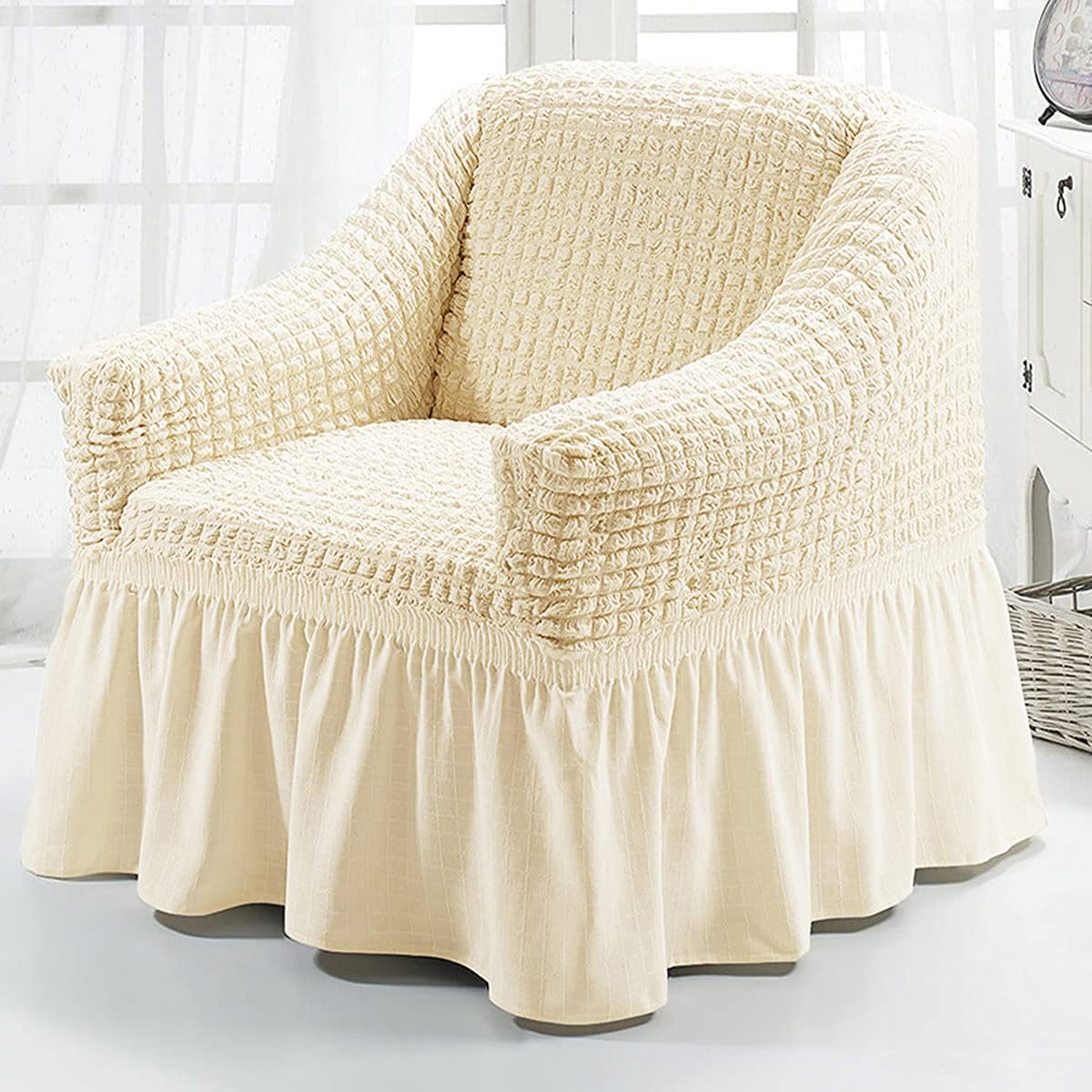 Qubjus Stretch Sofa Slipcover - Washable Couch & Sofa Bed Cover with Elastic Bottom & Skirt - Easy Fit Furniture Protector for Living Room, Bedroom, Office (Off-White, Small)