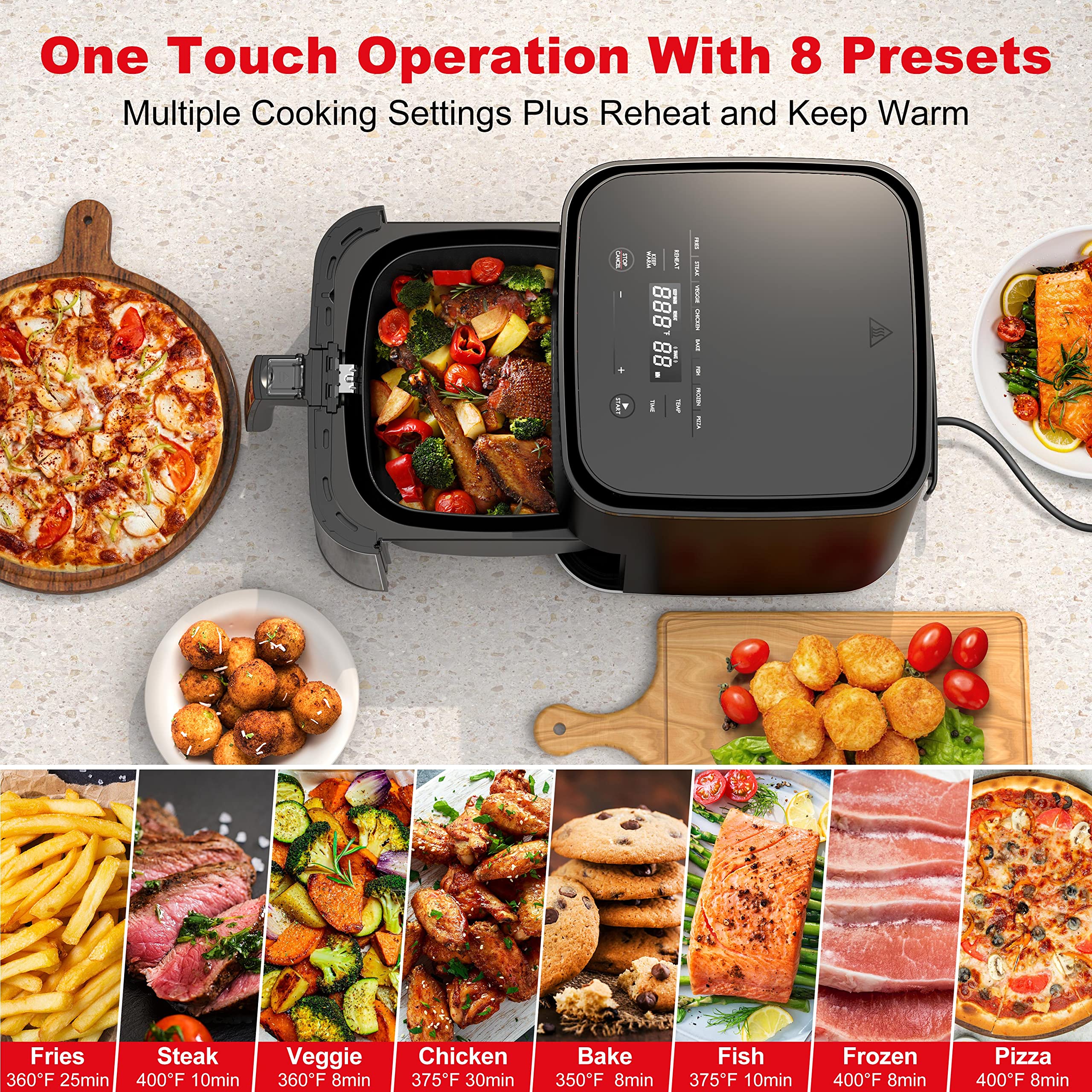 Galanz 5.8 Quart Stainless Steel Digital Air Fryer - Oil Free, Touch Control Panel, 8 Preset Functions, Shake Reminder & Nonstick Basket - Perfect for Healthy Cooking, Family Meals & Quick Snacks