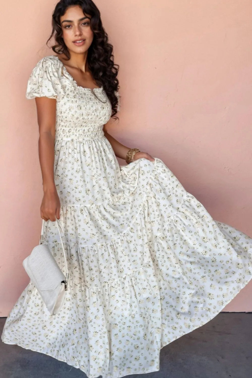 Floral Print Short Puff Sleeve Maxi Summer Dress for Women - Beach Vacation, Garden Party & Date Night Outfit