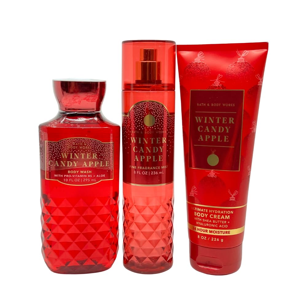 Bath & Body Works Winter Candy Apple 3-Piece Gift Set with Red Bow - Body Wash, Fragrance Mist & Body Cream - Full Size Holiday & Christmas Gifts for Women, Friends & Family - Perfect for Gifting, Self-Care & Home Fragrance