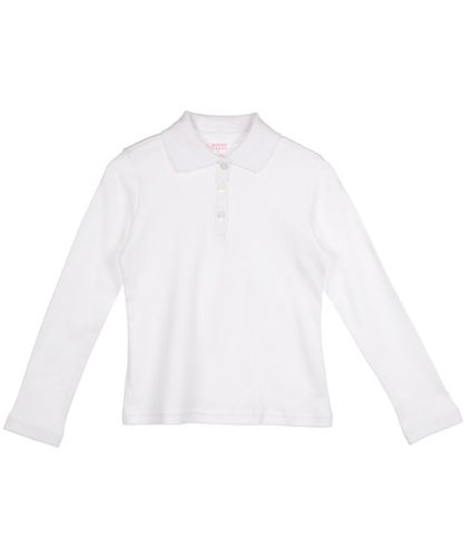 French Toast Big Girls' Long Sleeve Fitted Knit Polo Shirt with Picot Collar - White, Size 14/16 - Perfect for School Uniforms, Casual Wear & Special Occasions