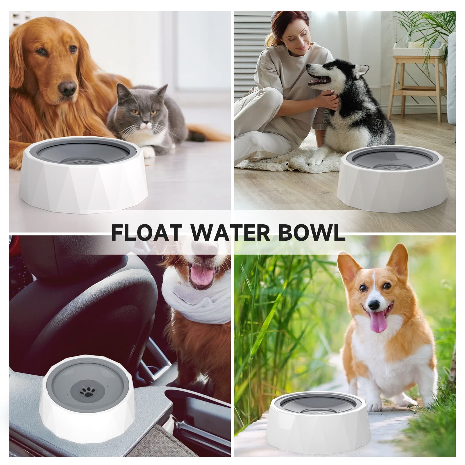 No Spill Slow Feeder Pet Water Bowl - 70oz/2L Large Capacity Drip-Free Dog & Cat Bowl with Filter, Grey - Perfect for Travel, Home & Outdoor Use