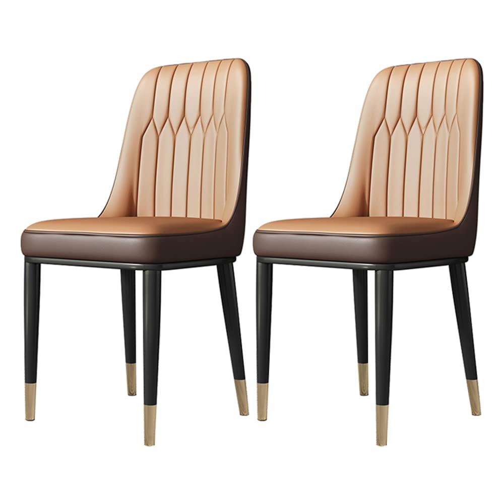 Modern Metal Dining Chairs Set of 2 - Luxurious Leather Parsons Armless Side Chairs with Gold Legs for Kitchen, Restaurant & Home Decor - Camel Color Contemporary Seating