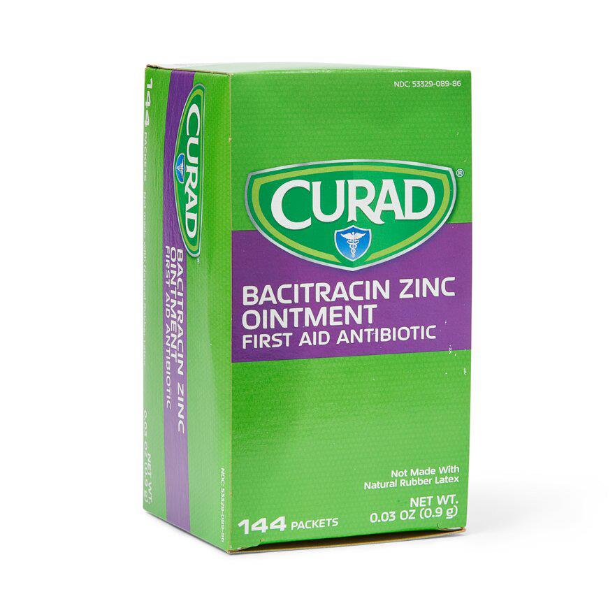 CURAD Bacitracin Zinc Antibiotic Ointment - 0.9g First Aid Wound Care Treatment (144 Foil Packets/Box) - Ideal for Minor Cuts, Scrapes, and Burns at Home, Work, or Outdoor Activities