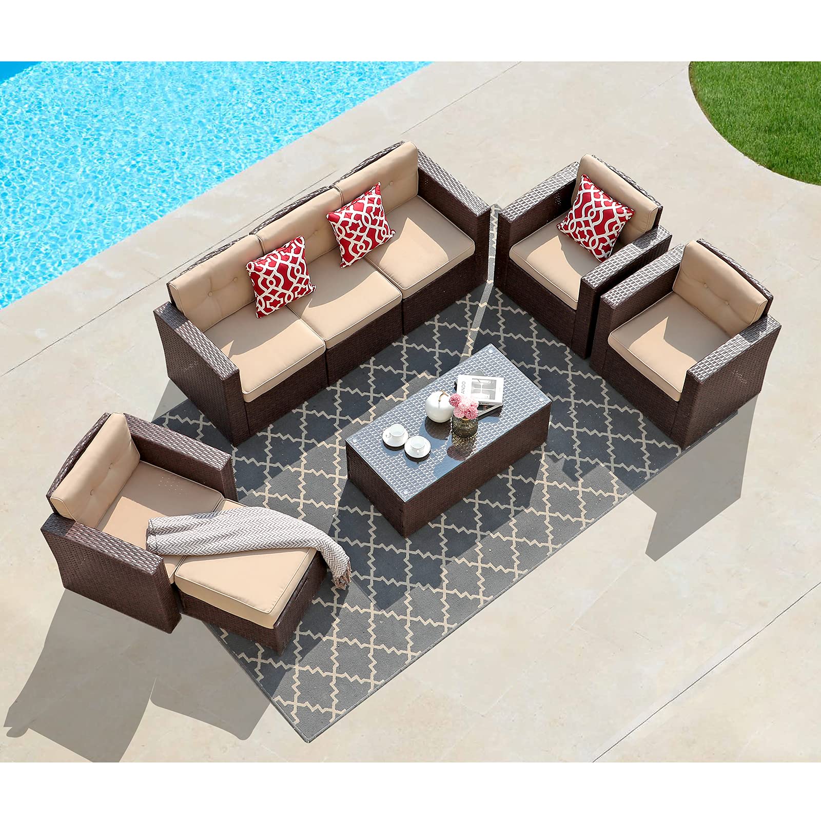 Super Patio 8-Piece Outdoor Furniture Set - All-Weather PE Wicker Sectional Sofa with Ottoman, Tempered Glass Coffee Table & 3 Red Pillows (Espresso Brown) - Perfect for Backyard, Garden, and Poolside Relaxation
