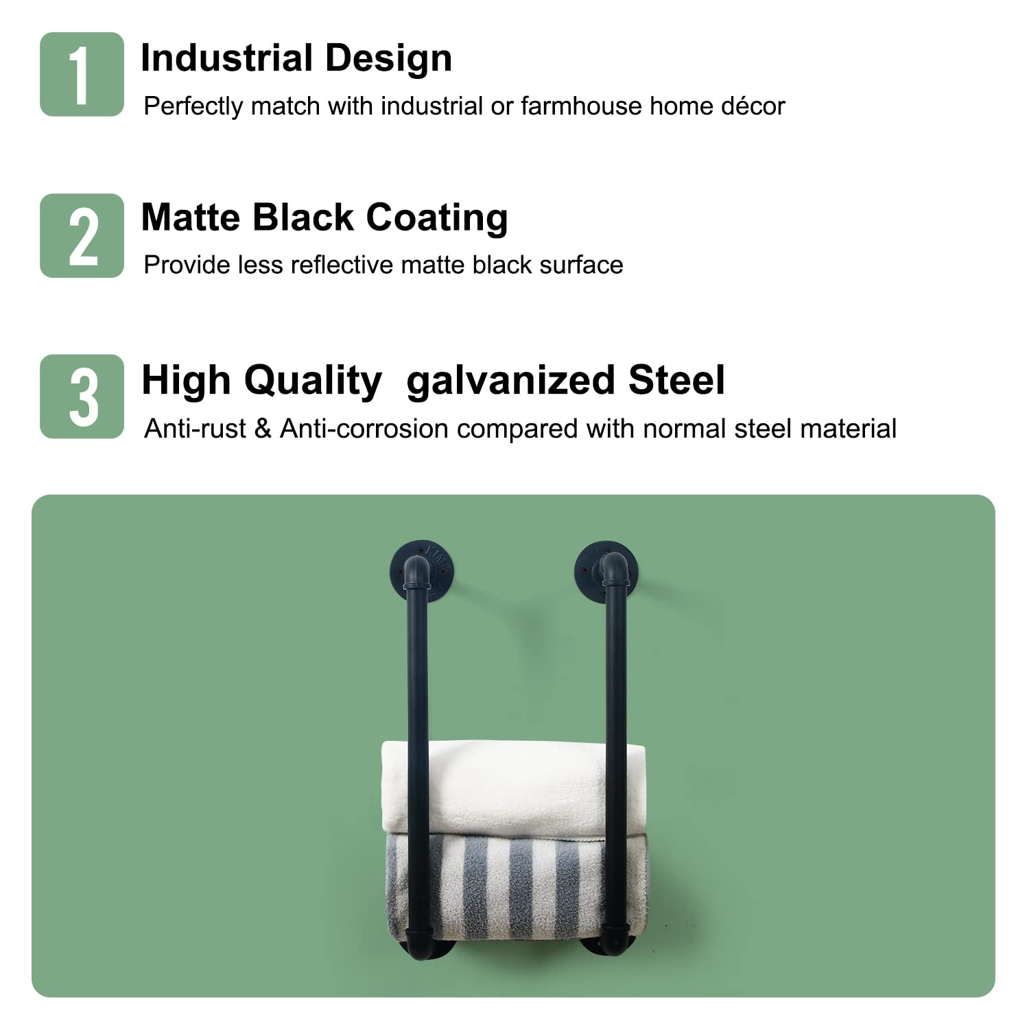 HouseAid Industrial Pipe Towel Rack - Vintage Style Wall Mounted Bathroom Towel Holder - Matte Black Farmhouse Storage for Kitchen & Bathroom Organization