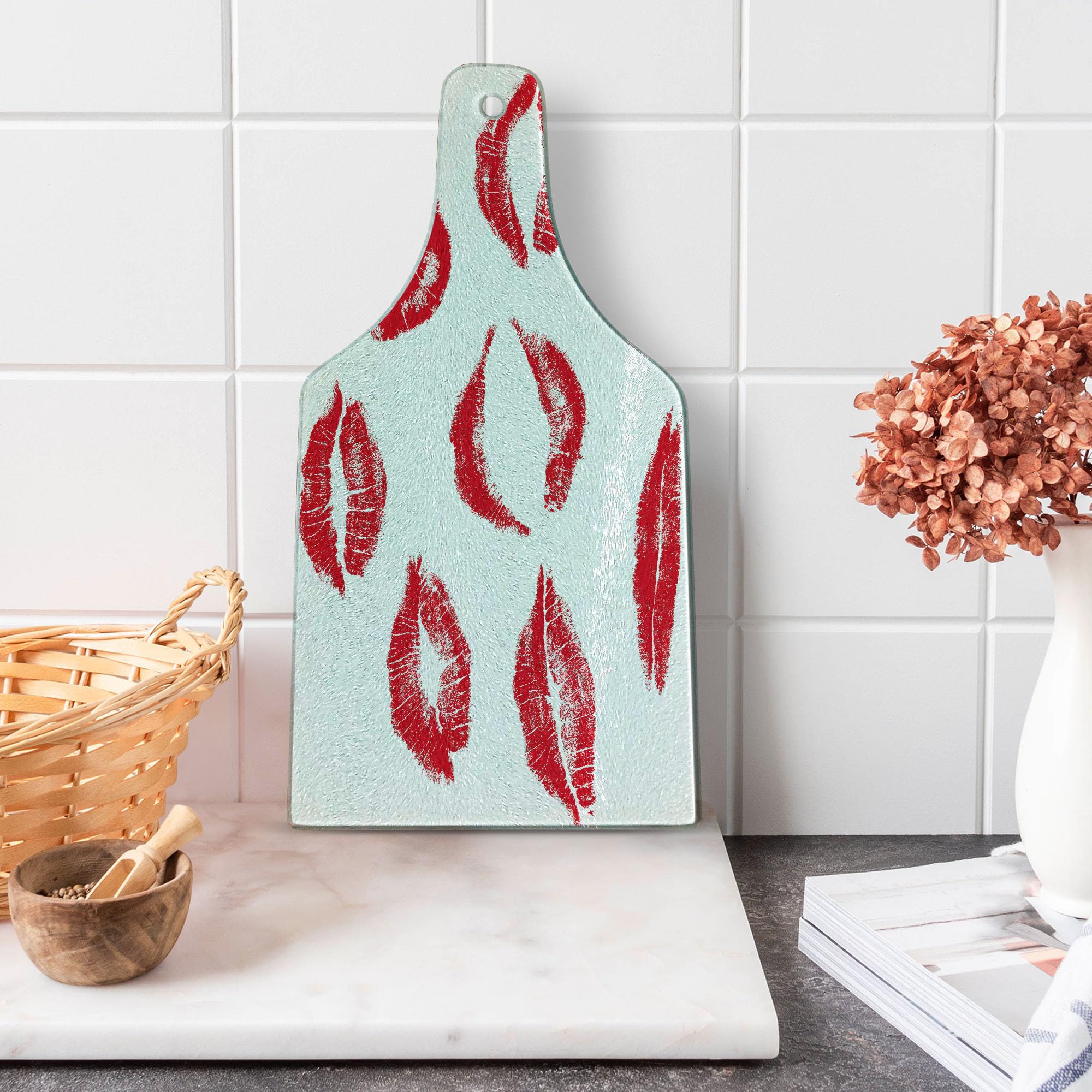 Ambesonne Red Lipstick Kiss Cutting Board - Tempered Glass Serving Board with Seductive Lip Marks, Wine Bottle Shape - Perfect for Romantic Dinners, Wine & Cheese Pairings, and Unique Home Decor