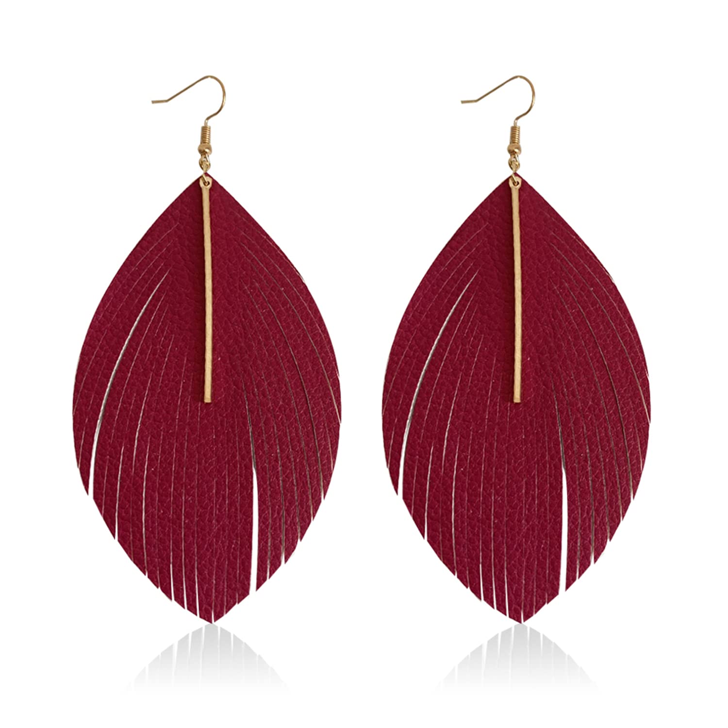 KVANU Minimalist Handmade Lightweight Large Soft Faux Leather Feather Dangle Drop Earrings for Women | Bohemian Leaf Hook Earrings with Bar | Perfect for Festival, Party and Boho Chic Outfits