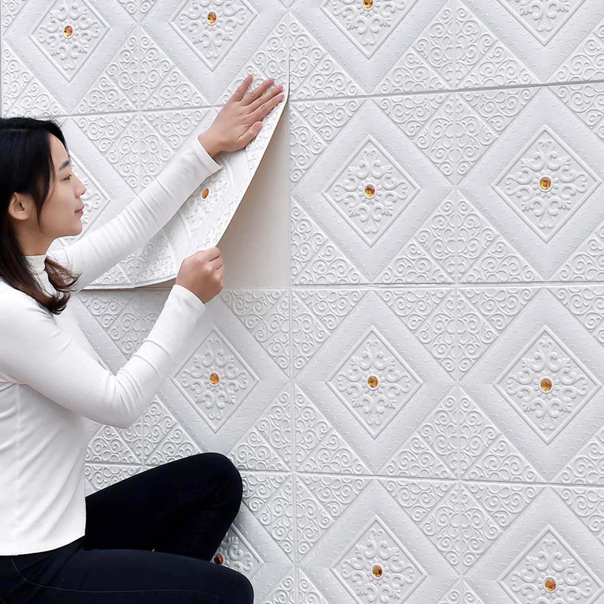 3D Brick Peel and Stick Wallpaper - 27.56x27.56 Inch Self-Adhesive PE Foam Wall Panels, Waterproof & Removable Wall Stickers for Bedroom, Living Room, Kitchen Decor - Green Rhinestone Accent - Easy DIY Home Improvement & Apartment Renovation