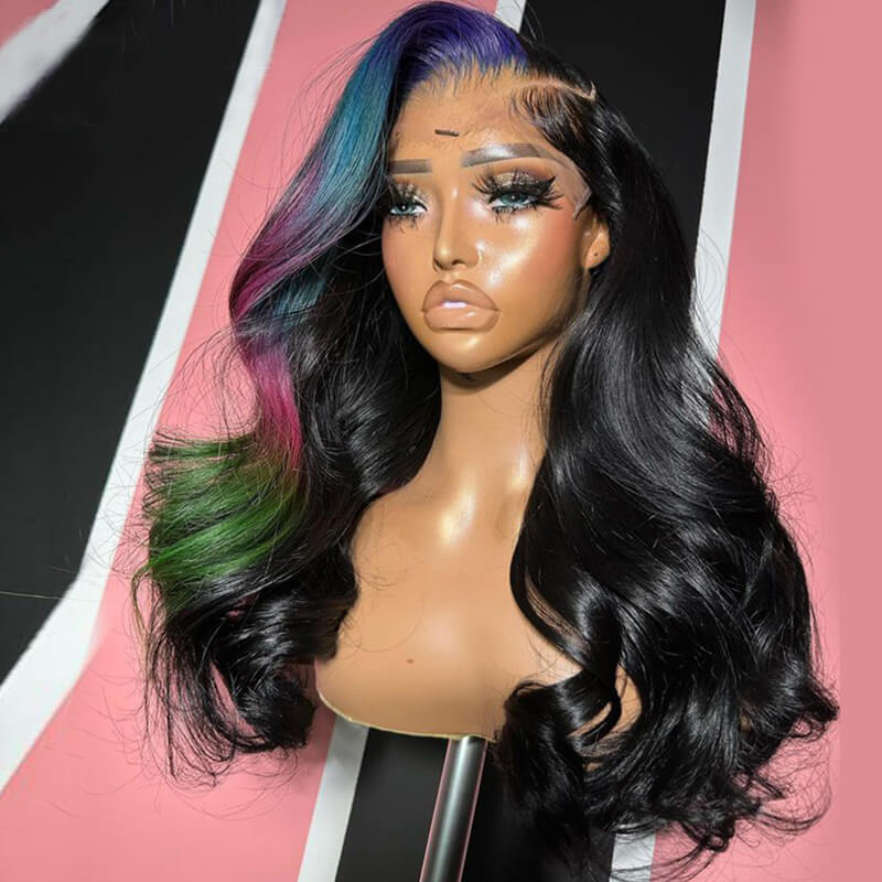 Eullair Multi-Colored Lace Front Wig - Body Wave Human Hair with Blue, Orange & Green Highlights - Pre-Plucked 180% Density Lace Frontal Wigs for Women | Perfect for Cosplay, Parties & Fashion Styling