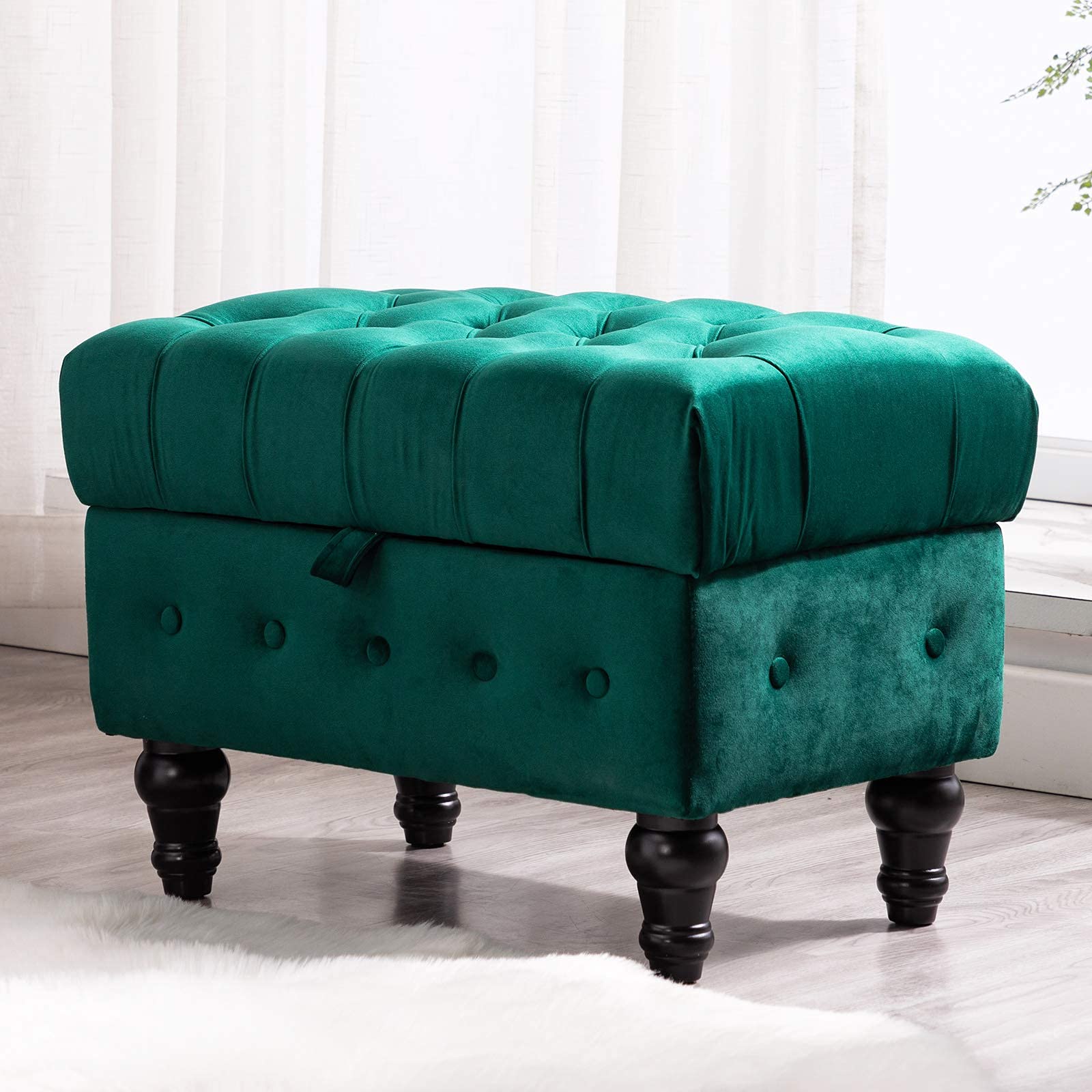 Artechworks Velvet Button Tufted Storage Ottoman - Green Upholstered Footstool with Hidden Storage for Living Room, Bedroom & Home Office | Multi-Functional Coffee Table Stool, Toy Box & Space-Saving Furniture | Perfect for Small Spaces, Reading Nooks & Nursery Organization