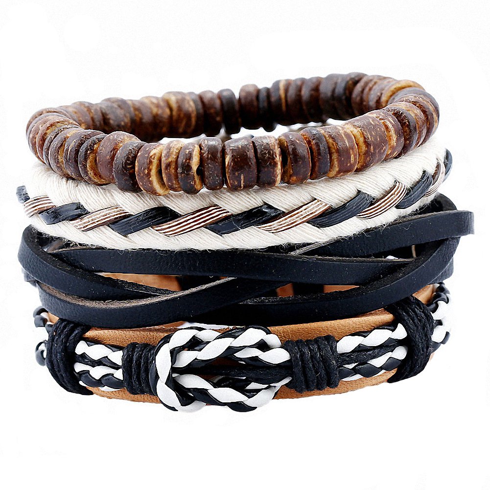 Genuine Leather Wrap Bracelet with Wooden Beads - Braided Wristband Cuff for Men & Women - Set of 4 Unisex Bangle Wristbands - Perfect for Casual Wear, Gifts & Boho Fashion Accessories
