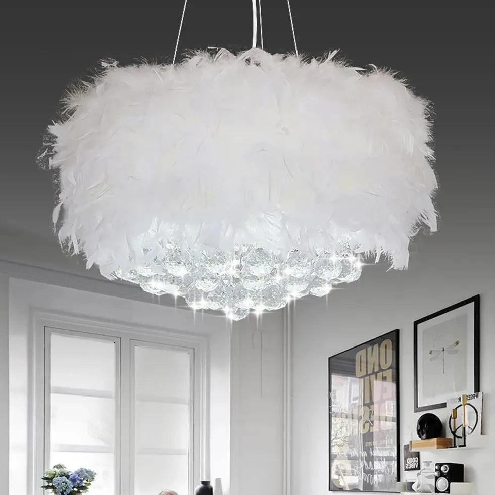 Elegant White Feather Crystal Chandelier for Bedroom - Vintage Ceiling Light Fixture for Master Bedroom, Dining Room & Living Room Decor