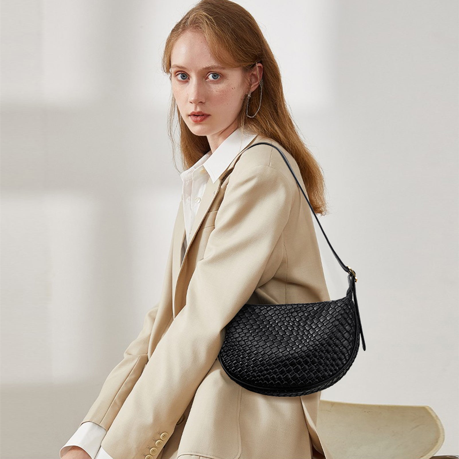 KWELI Genuine Leather Woven Half Moon Shoulder Bag for Women - Stylish Crossbody Purse for Work, Travel & Everyday Use